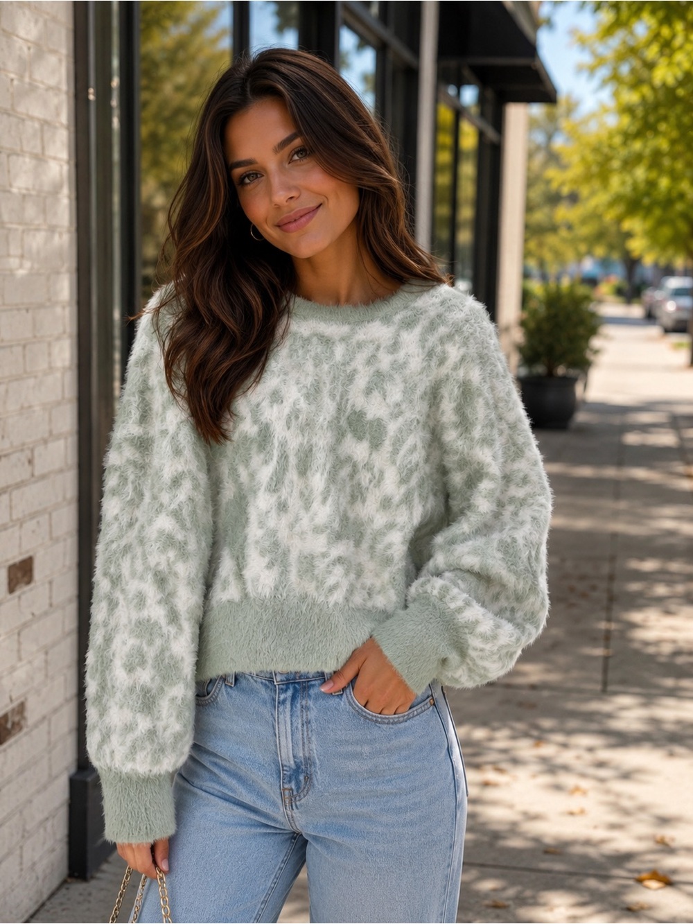 Moussy Sage Green & White Fuzzy Leopard Crewneck Sweater